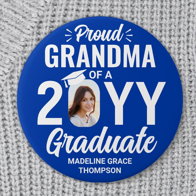 Badge Rond 7,6 Cm Graduate Photo Proud Grandma Royal Blue and White (Créateur téléchargé)