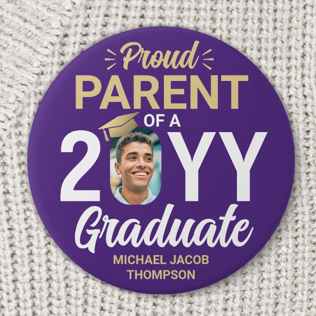 Badge Rond 7,6 Cm Graduate Photo Proud Parent Modern Purple & Gold (Créateur téléchargé)