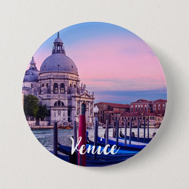Badge Rond 7,6 Cm Grand Canal avec gondoles et église à Venise (Devant)