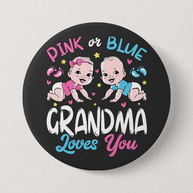 Badge Rond 7,6 Cm Grand-Mère Rose Ou Bleu Vous Aime Autour (Devant)