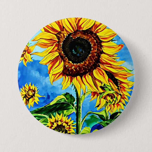 Badge Rond 7,6 Cm Grand tournesols aquarelle nature (Devant)