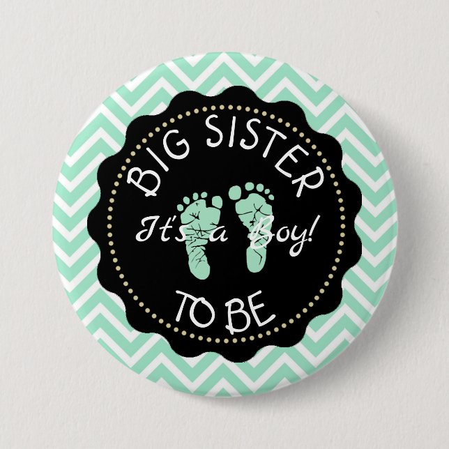 Badge Rond 7,6 Cm Grande Soeur à être Vert Chevron Baby shower bouto (Devant)