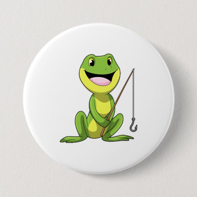 Badge Rond 7,6 Cm Grenouille à la pêche avec canne à pêche (Devant)