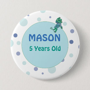 Badge Rond 7,6 Cm Grenouille en Jeans, Anniversaire, Pois, Nom perso
