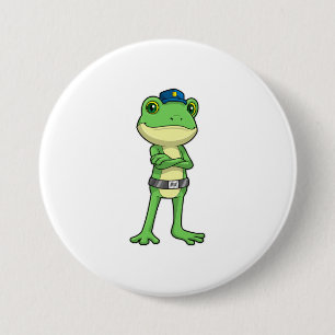 Badge Rond 7,6 Cm Grenouille en tant qu'agent de police avec casquet