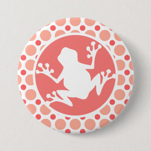 Badge Rond 7,6 Cm Grenouille ; Pois roses et coraux