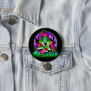 Badge Rond 7,6 Cm Halloween Éffrayant Green sorcière magique Casquet