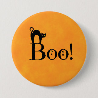 Badge Rond 7,6 Cm Halloween Orange - "Boo! with Black Cat"