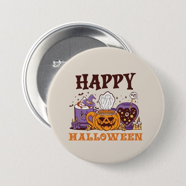 Badge Rond 7,6 Cm Happy Halloween café brasse (Devant & derrière)
