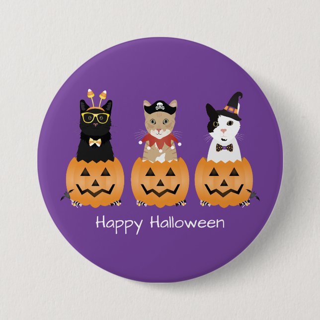 Badge Rond 7,6 Cm Happy Halloween Cats Jack-o'-lantern (Devant)