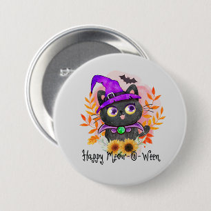 Badge Rond 7,6 Cm Happy Meow-o-ween -Chat Sorcière Noire