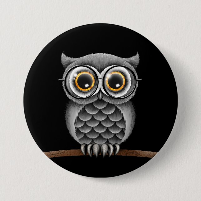 Badge Rond 7,6 Cm Hibou gris pelucheux mignon avec des verres, noirs (Devant)