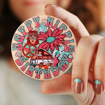 Badge Rond 7,6 Cm Hippie Retro couleurs Vintages Anniversaire<br><div class="desc">Bouton fête d'anniversaire avec corail et couleurs turquoises rétro symboles hippie tels que le signe de paix,  fleur,  fille hippie,  RV.</div>