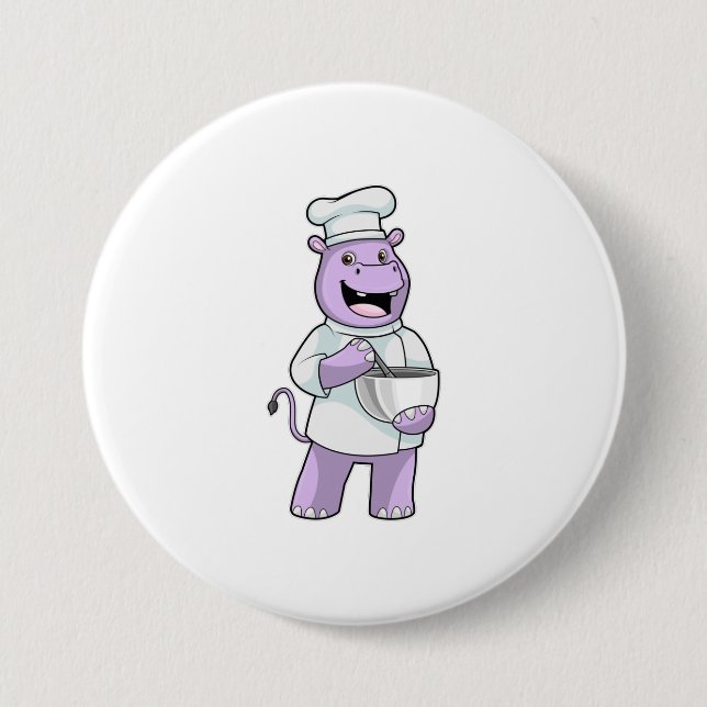 Badge Rond 7,6 Cm Hippo comme chef avec bol (Devant)
