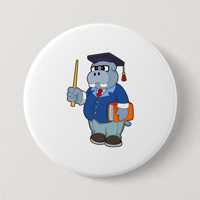 Badge Rond 7,6 Cm Hippo comme professeur avec livre (Devant)