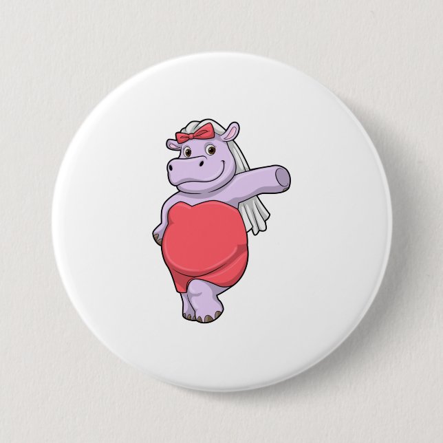 Badge Rond 7,6 Cm Hippo en mariée avec Voile & Bow (Devant)