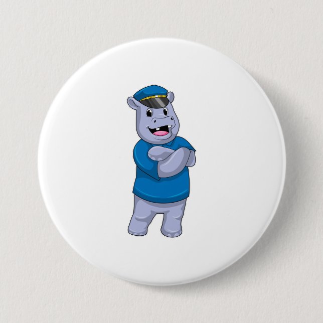 Badge Rond 7,6 Cm Hippo en tant que policier avec casquette de polic (Devant)