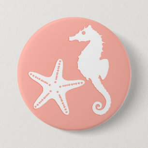 Badge Rond 7,6 Cm Hippocampe et étoiles de mer - Corail clair rose