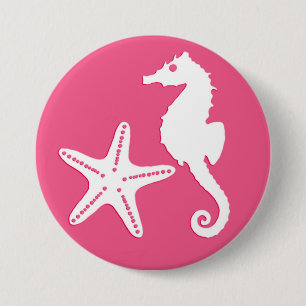 Badge Rond 7,6 Cm Hippocampe et étoiles de mer - Coral rose et blanc