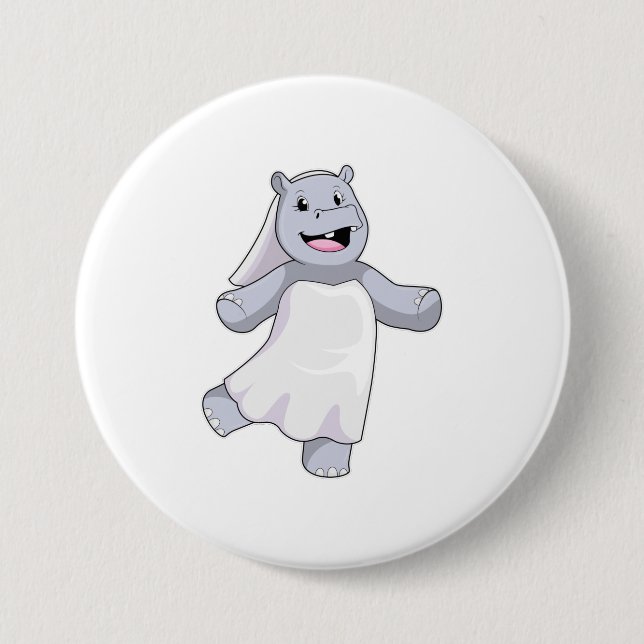 Badge Rond 7,6 Cm Hippopotame en mariée avec voile (Devant)