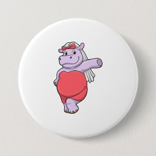 Badge Rond 7,6 Cm Hippopotame en mariée avec voile et nœud