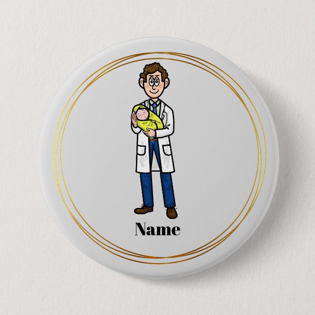 Badge Rond 7,6 Cm Homme Docteur Tenant Un Bouton Bébé (Devant)