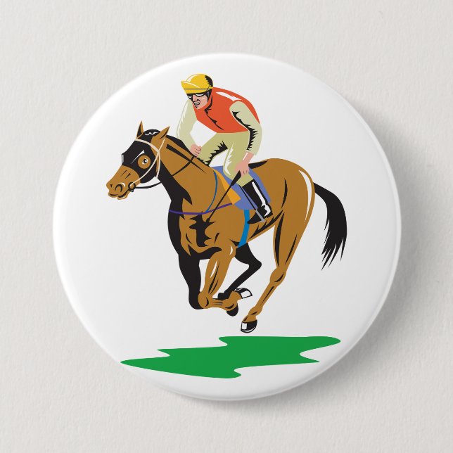 Badge Rond 7,6 Cm Horse Racing Jockey Galloping (Devant)
