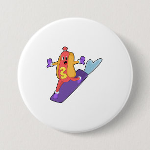Badge Rond 7,6 Cm Hot-dog as Snowboarder with Sonowboard