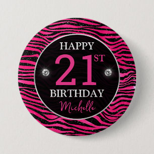 Badge Rond 7,6 Cm Hot Pink & Black Glitter Tiger Stripes Anniversair