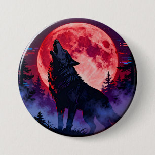Badge Rond 7,6 Cm Hurlement cramoisi : Loup cyberpunk sous la lune d