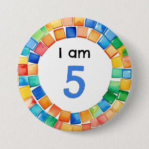 Badge Rond 7,6 Cm I Am 5 Mosaic Motif Coloré Numéro d'âge Anniversai