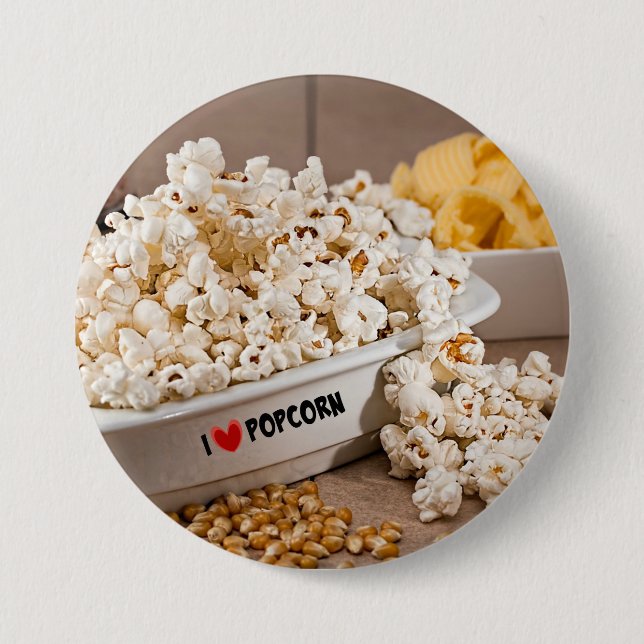 Badge Rond 7,6 Cm I Love Popcorn (Devant)