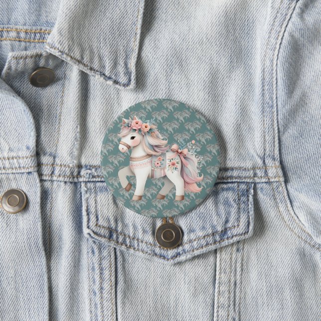 Badge Rond 7,6 Cm Illustration de l'Imaginaire Floral Pastel Horse (En situation)