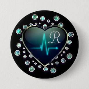 Badge Rond 7,6 Cm Infirmière EKG cœur joyau noir bleu argenté 