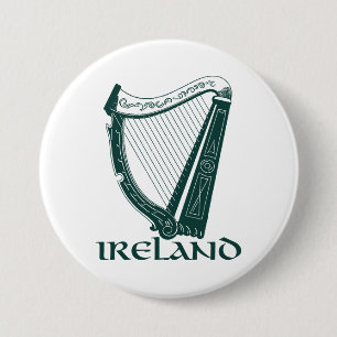 Badge Rond 7,6 Cm Irlande Harp Design, Irish Harp