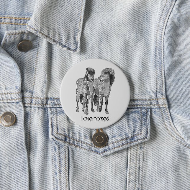 Badge Rond 7,6 Cm J'adore les chevaux ! poneys islandais mignons (En situation)