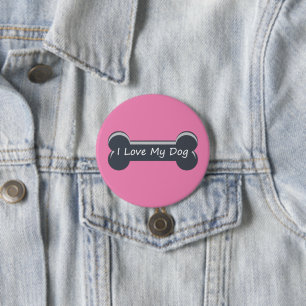 Badge Rond 7,6 Cm J'adore mon chien   Os de chien