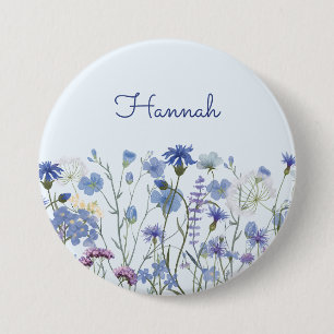 Badge Rond 7,6 Cm Jardin Fleur sauvage Monogramme Blue Watercolor