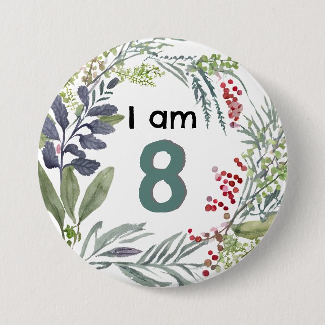 Badge Rond 7,6 Cm Je Suis 8 Élégants Plantes Botaniques Anniversaire (Devant)