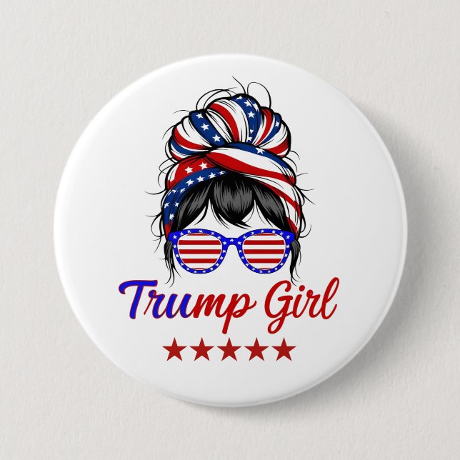 Badge Rond 7,6 Cm Je suis une fille Trump, Messy Bun Election 2024 (Devant)