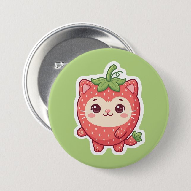 Badge Rond 7,6 Cm Joli Bouton Kawaii Chat Fraise (Devant & derrière)