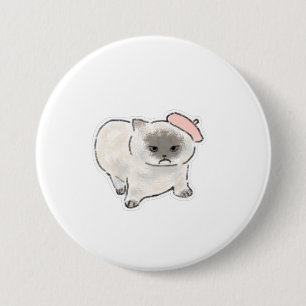 Badge Rond 7,6 Cm Joli chat grincheux portant un béret rose, illustr