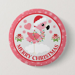 Badge Rond 7,6 Cm Joli Flamant Rose de Noël Rose et Rouge Hiver