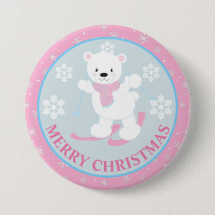 Badge Rond 7,6 Cm Joli ours polaire et flocons de neige rose Noël