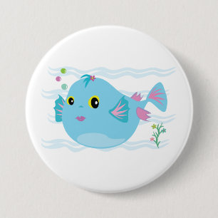 Badge Rond 7,6 Cm Joli Poisson Tropical Bleu Nageoires Roses
