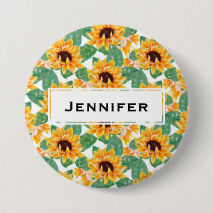 Badge Rond 7,6 Cm Joli tournesol Jaune et Motif vert