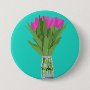 Badge Rond 7,6 Cm Jolie fleur de tulipe Illustration moderne + Nom