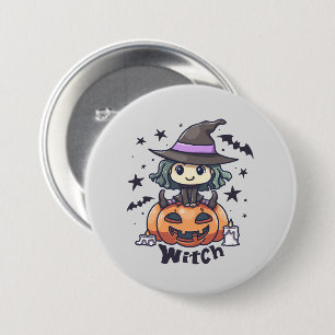 Badge Rond 7,6 Cm Jolie sorcière enfant assise sur un Citrouille - "