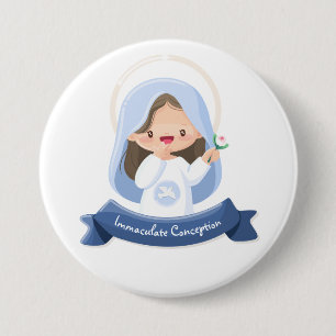 Badge Rond 7,6 Cm Jolie Vierge Marie Kawaii avec Fleur – Blanche