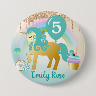 Badge Rond 7,6 Cm Jolis friandises licorne or et sarcelle Anniversai